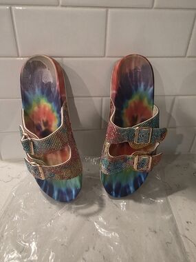 Women's Multi-Color Tie-Dye Slide Sandals with Rhinestone Straps